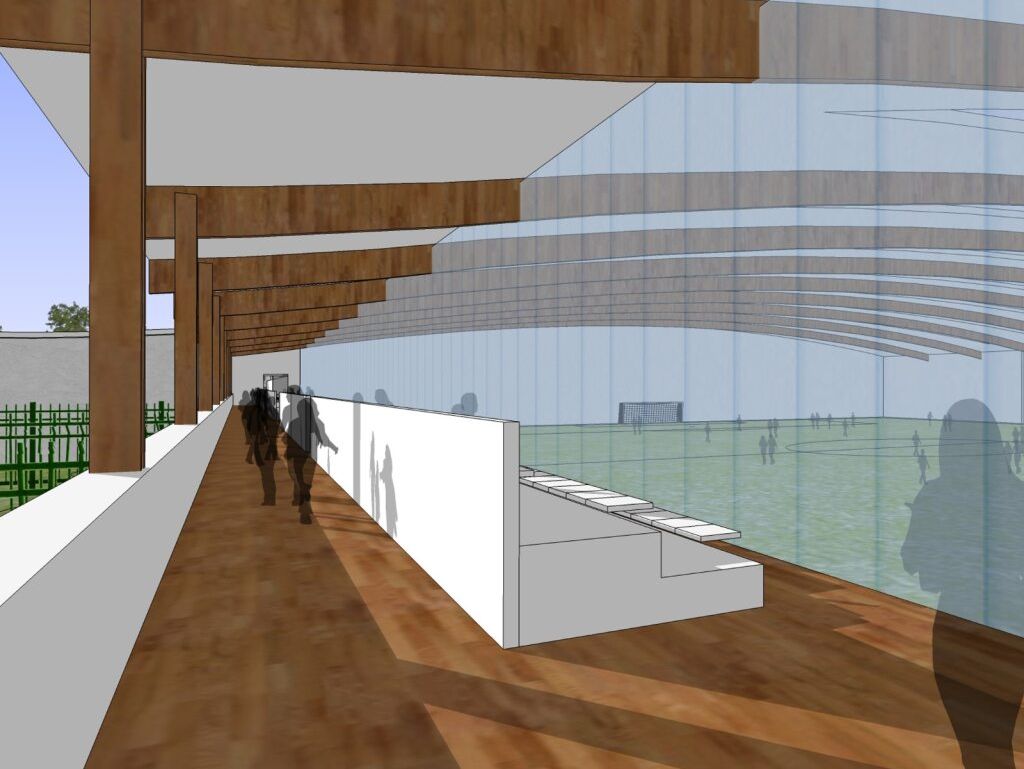 Architectural rendering of an indoor soccer facility with glass walls and wooden beams