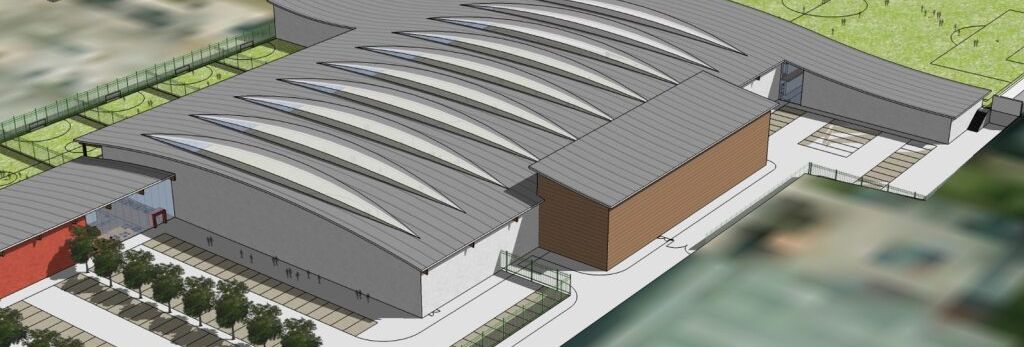 Architectural rendering of a modern sports complex with large indoor arenas and outdoor soccer fields.