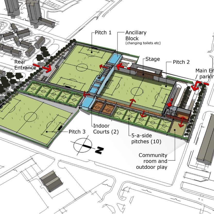 A labeled site plan of a sports facility with football pitches, 5-a-side pitches, indoor courts, entrances, and community spaces.