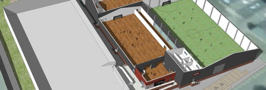 Architectural rendering of a sports facility with indoor courts and an outdoor soccer field