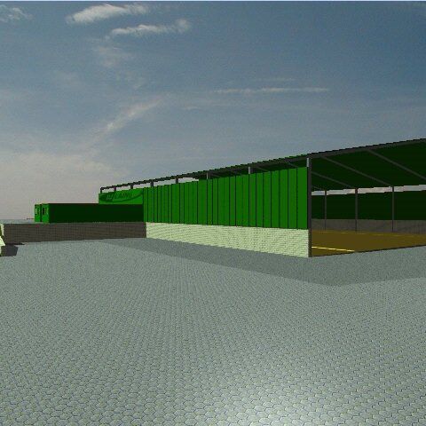 3D rendering of a large industrial green warehouse with a partially open side