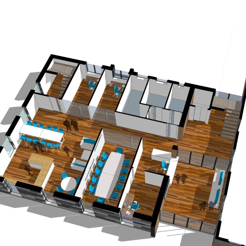 3D floor plan rendering of a modern office space with multiple rooms, workstations, and meeting areas.