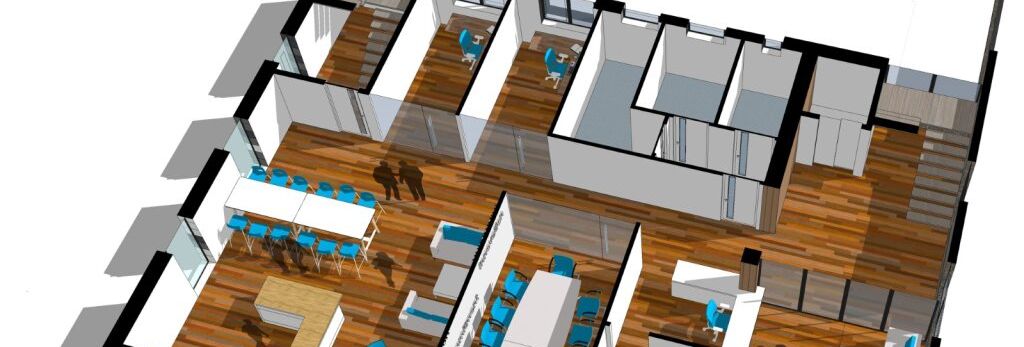 3D floor plan rendering of a modern office space with multiple rooms, workstations, and meeting areas.