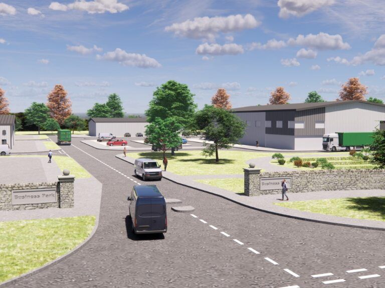 Modern business park entrance with vehicles, people, trees, and warehouses on a sunny day.
