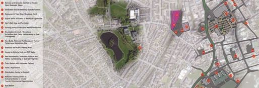 Map of a city area with landmarks and points of interest marked, including a numbered list on the left.