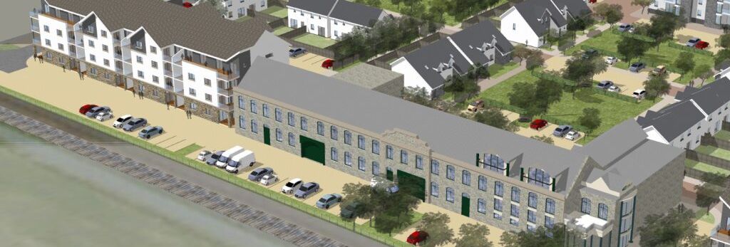 3D architectural rendering of a residential neighborhood with houses, apartments, and green spaces.