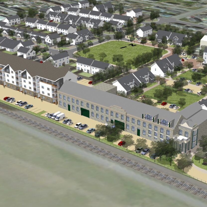 3D architectural rendering of a residential neighborhood with houses, apartments, and green spaces.