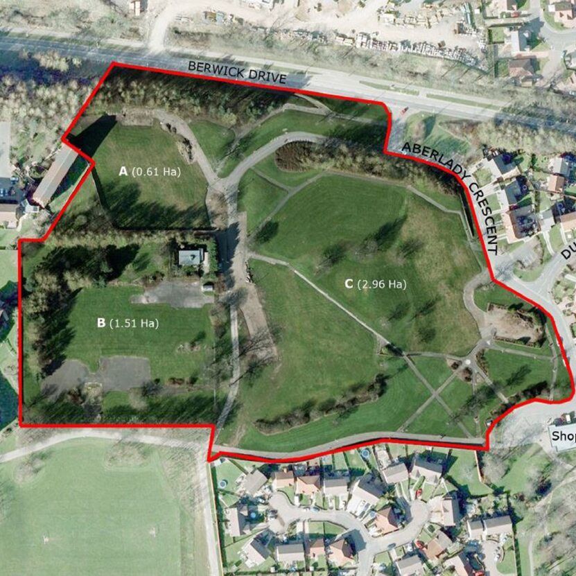 Aerial map of a park area divided into sections A, B, and C with a red outline and labeled streets Berwick Drive, Aberlady Crescent, and Duns Crescent.