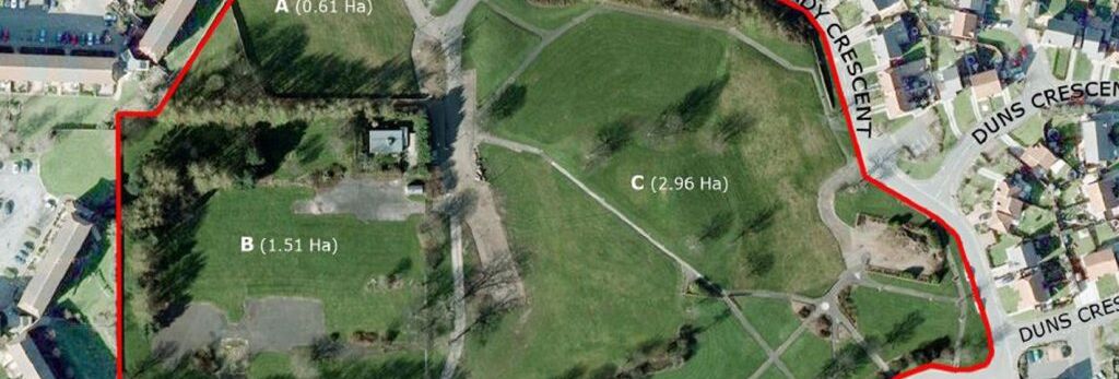 Aerial map of a park area divided into sections A, B, and C with a red outline and labeled streets Berwick Drive, Aberlady Crescent, and Duns Crescent.
