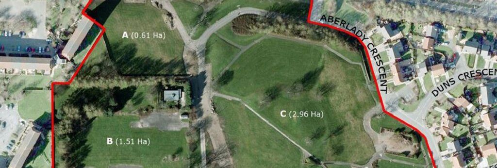Aerial map of a park area divided into sections A, B, and C with a red outline and labeled streets Berwick Drive, Aberlady Crescent, and Duns Crescent.