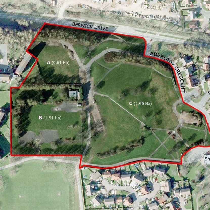 Aerial map of a park area divided into sections A, B, and C with a red outline and labeled streets Berwick Drive, Aberlady Crescent, and Duns Crescent.