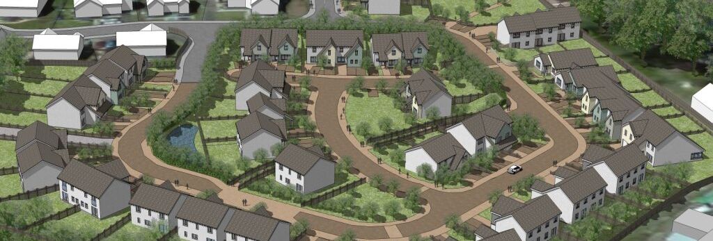 Aerial view of a residential neighborhood development plan with houses, roads, green spaces, and a pond.