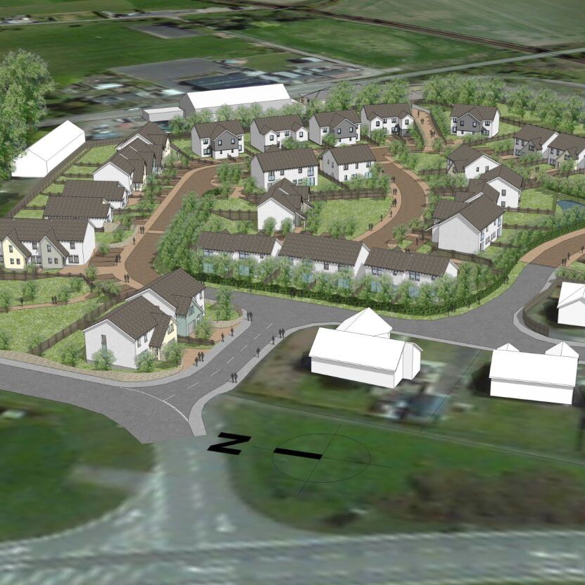 Rendered image of a planned residential neighborhood with multiple houses, roads, trees, and green spaces.