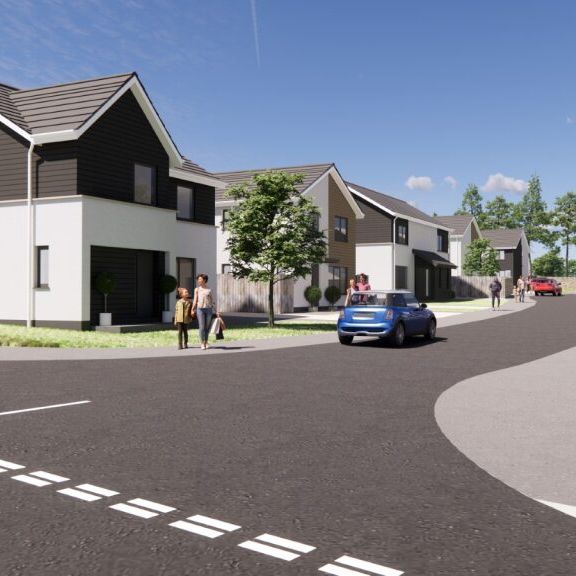 Modern suburban neighborhood with detached houses, cars, and people walking on the sidewalks