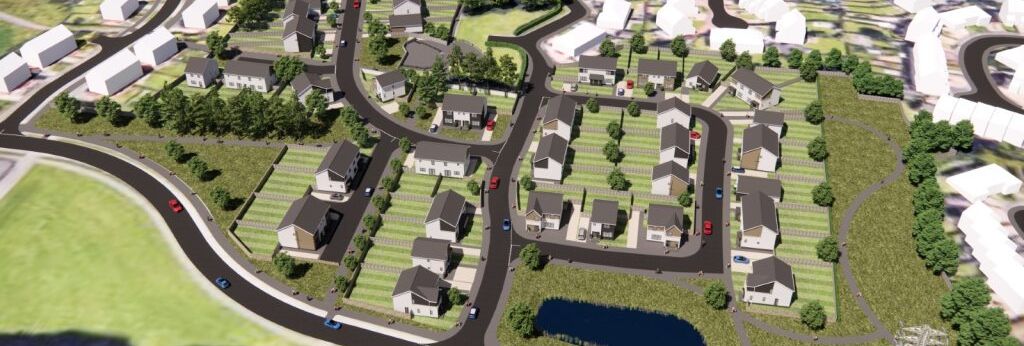 Aerial view of a new housing development with roads, houses, green spaces, and a pond.