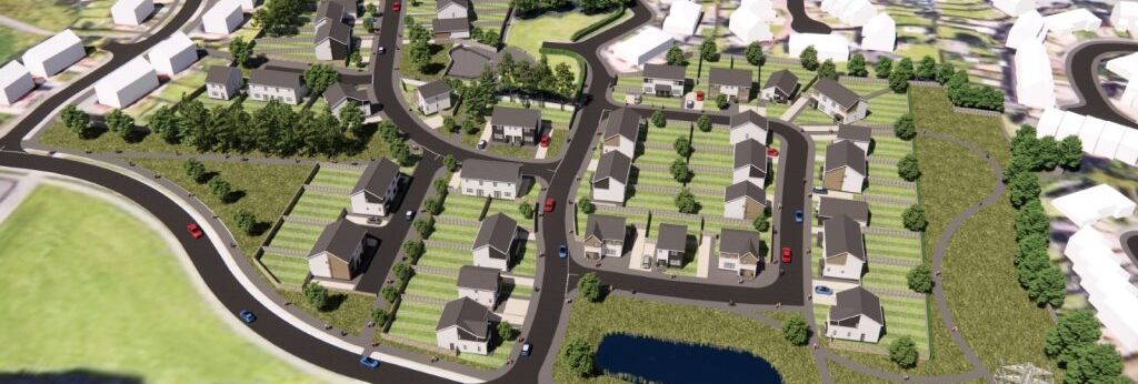 Aerial view of a new housing development with roads, houses, green spaces, and a pond.