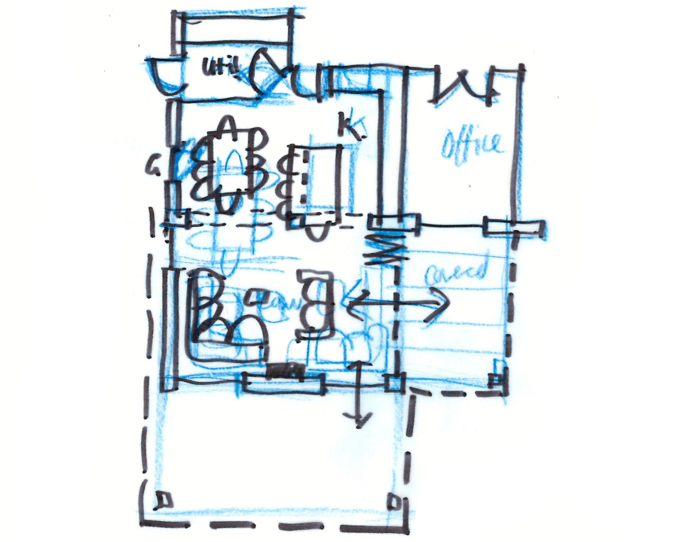 Hand-drawn floor plan sketch with labeled rooms and blue ink highlights