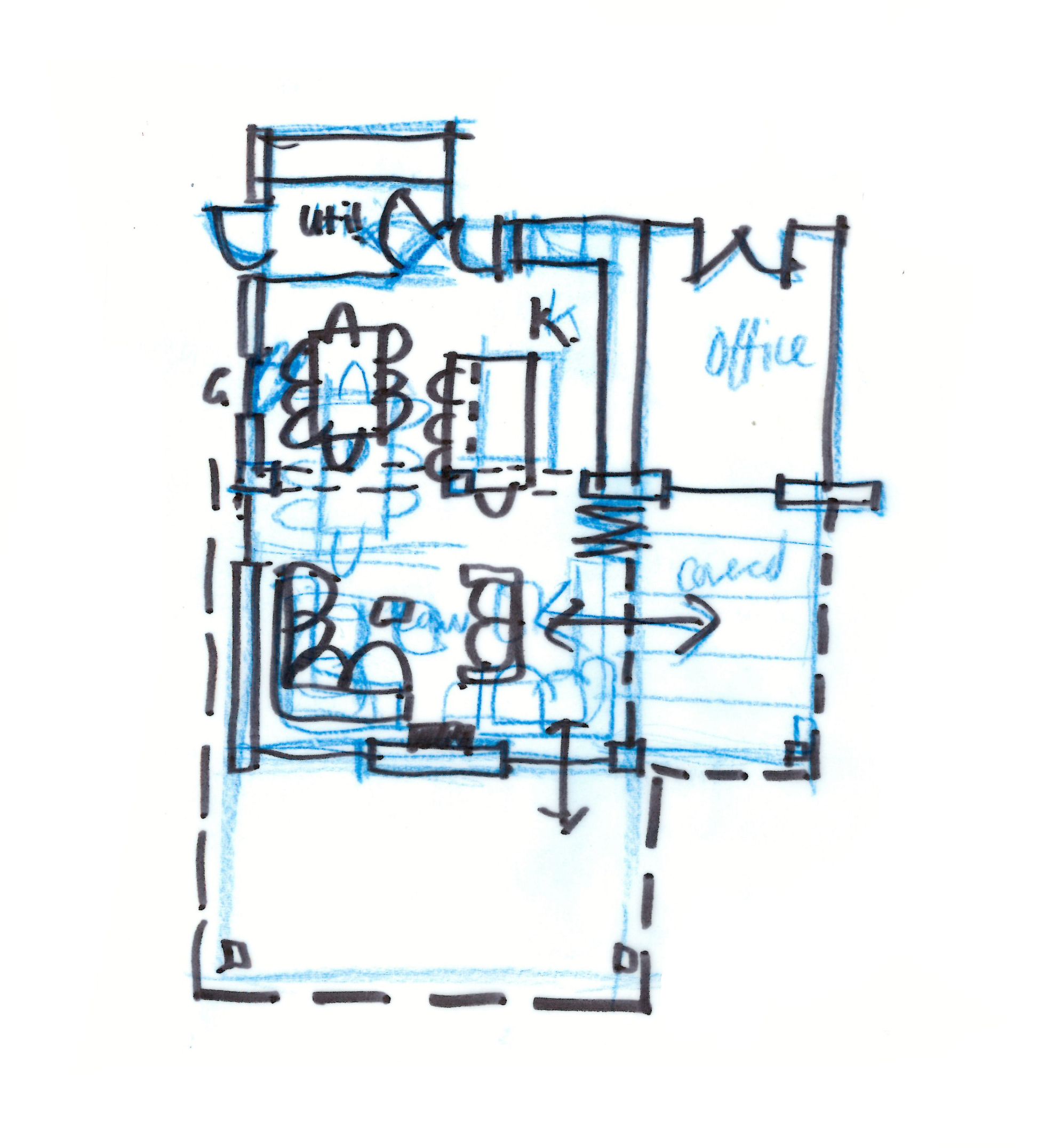 Hand-drawn floor plan sketch with labeled rooms and blue ink highlights