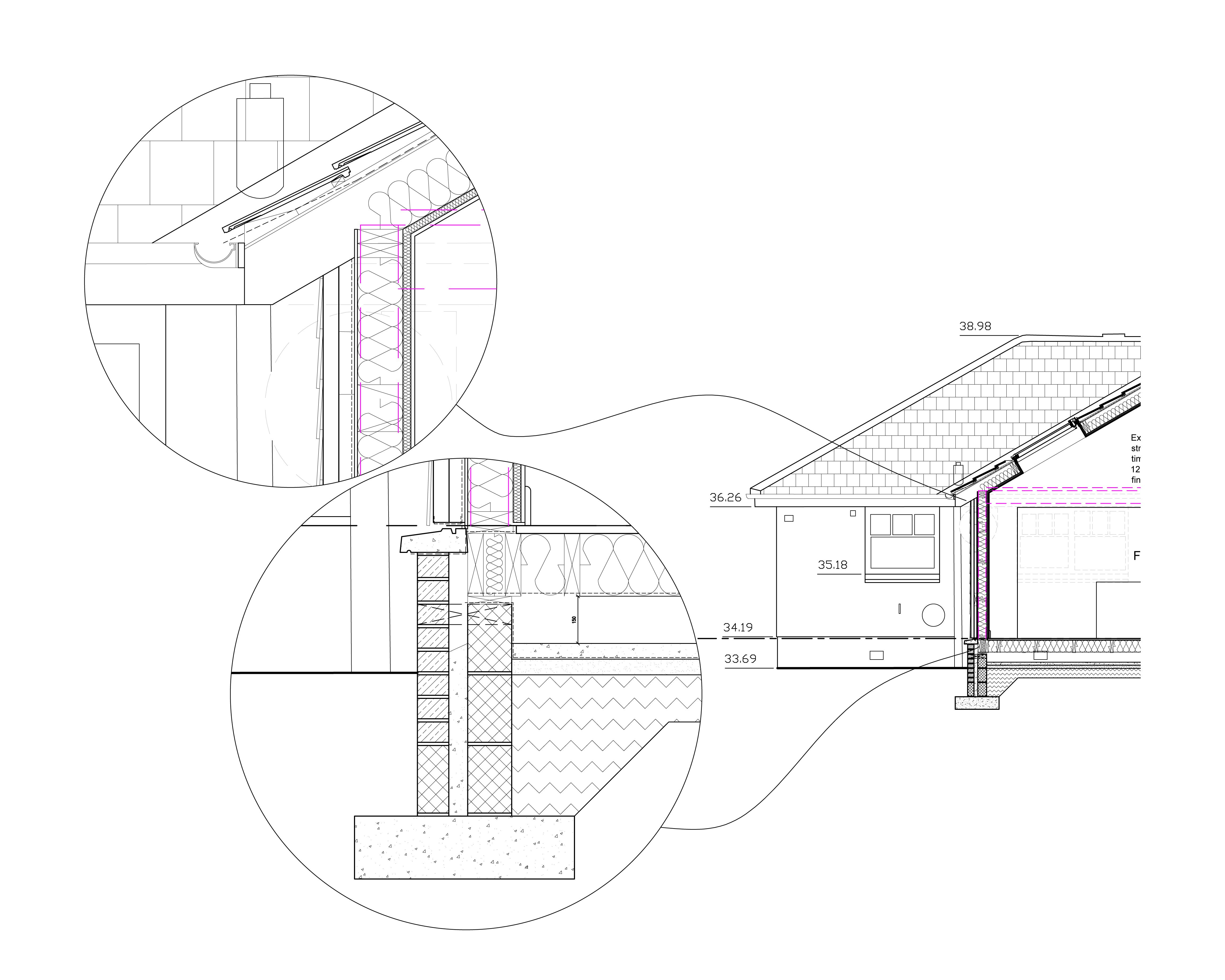 Architectural section showing building details with enlarged circular insets focusing on roof and foundation construction.