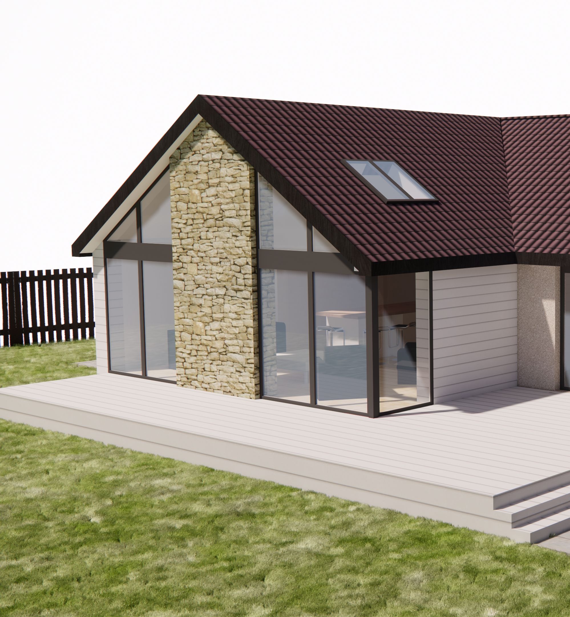 Modern single-story house with a gable roof, large windows, stone accent wall, and a raised wooden deck.