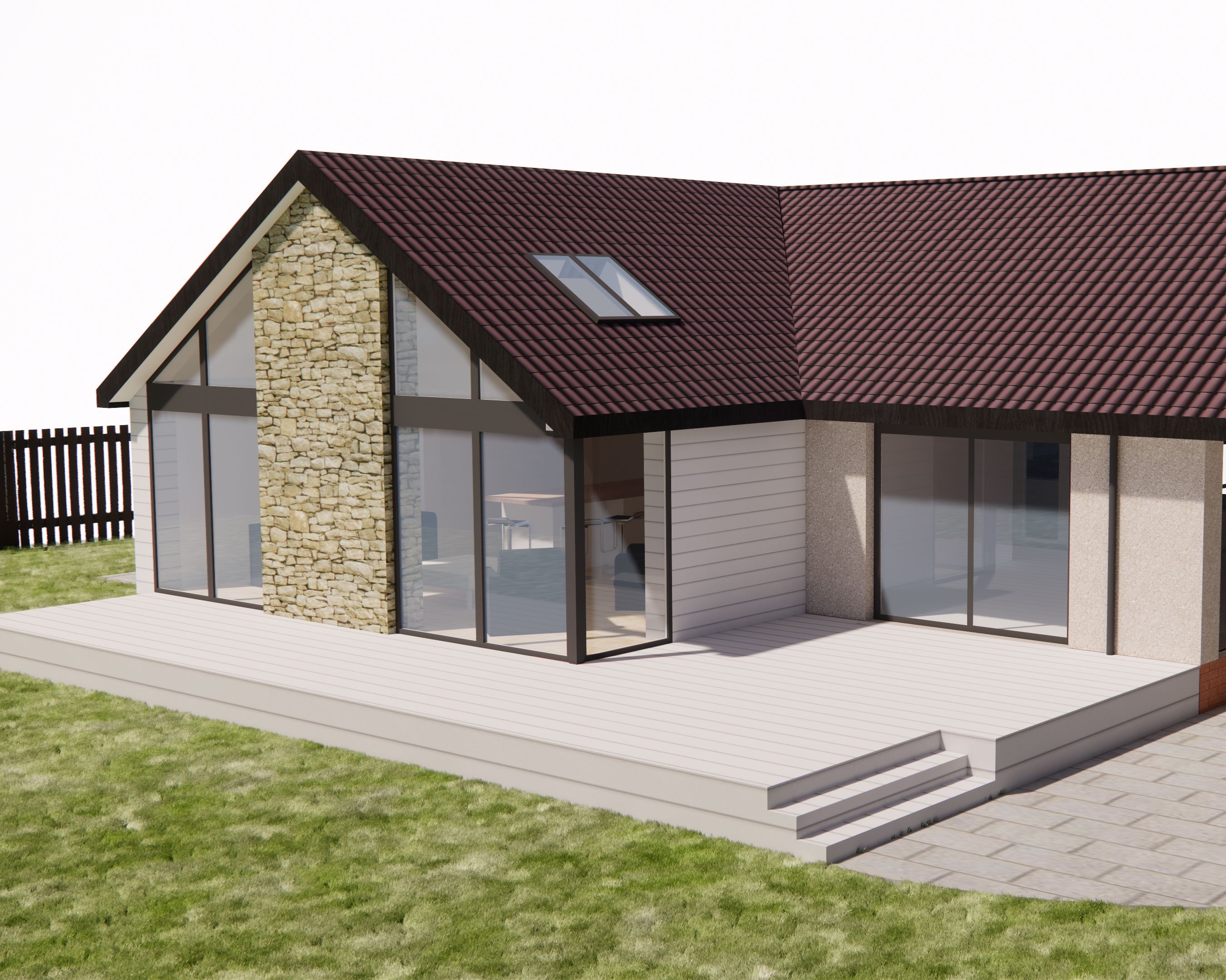 Modern single-story house with a gable roof, large windows, stone accent wall, and a raised wooden deck.