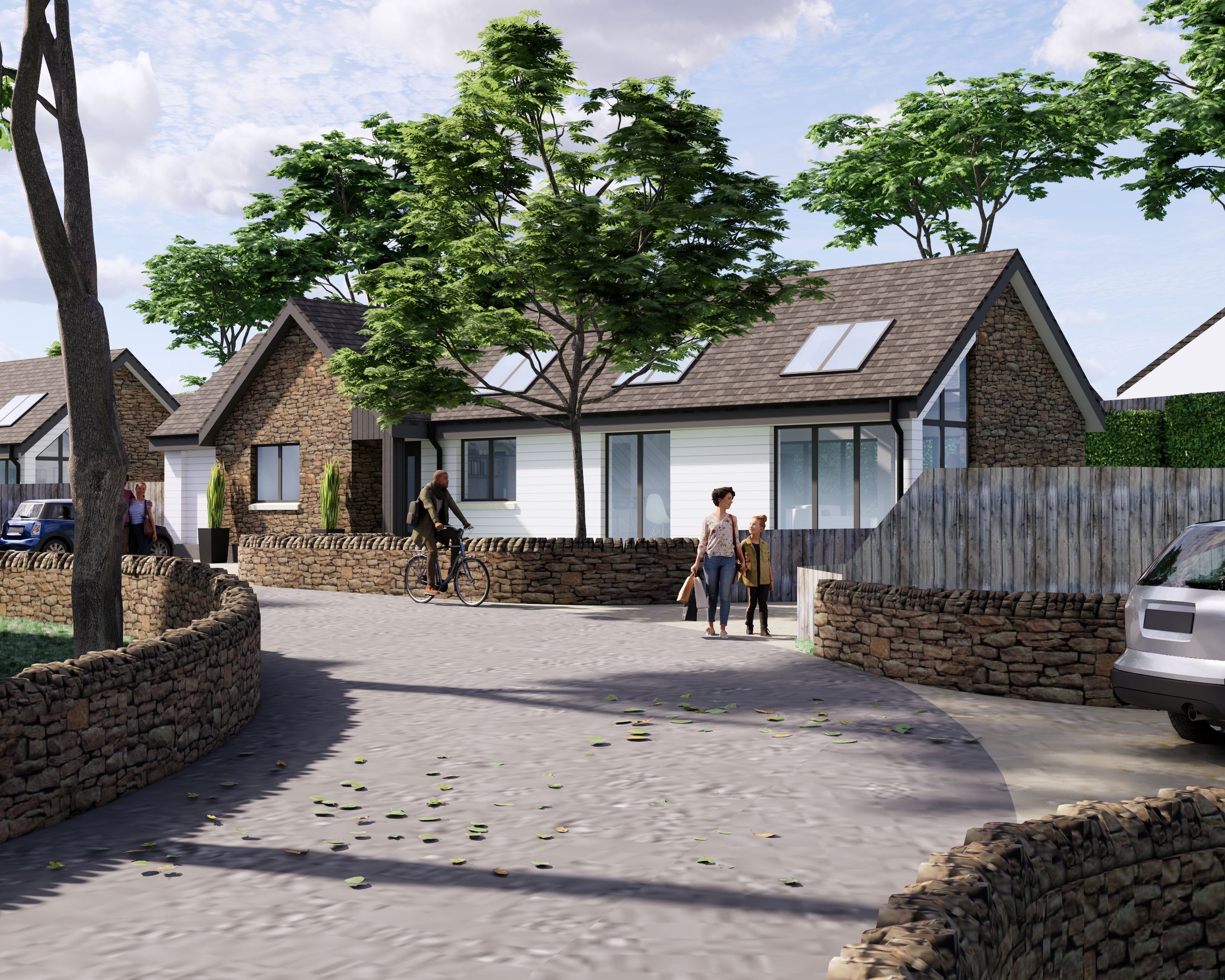 Residential street with modern stone and white houses, people walking, a cyclist, and parked cars