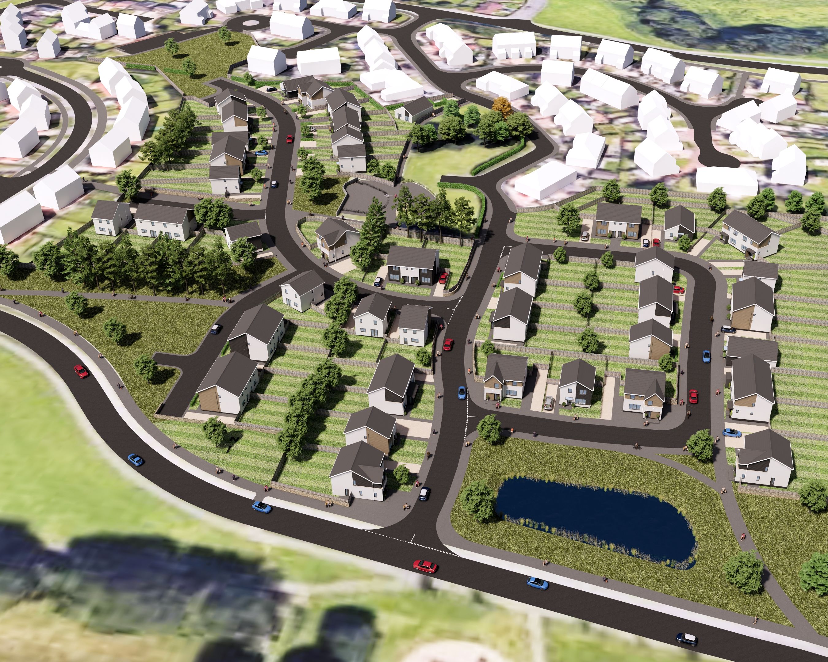 Aerial view of a suburban residential neighborhood development with roads, houses, green spaces, and a pond.