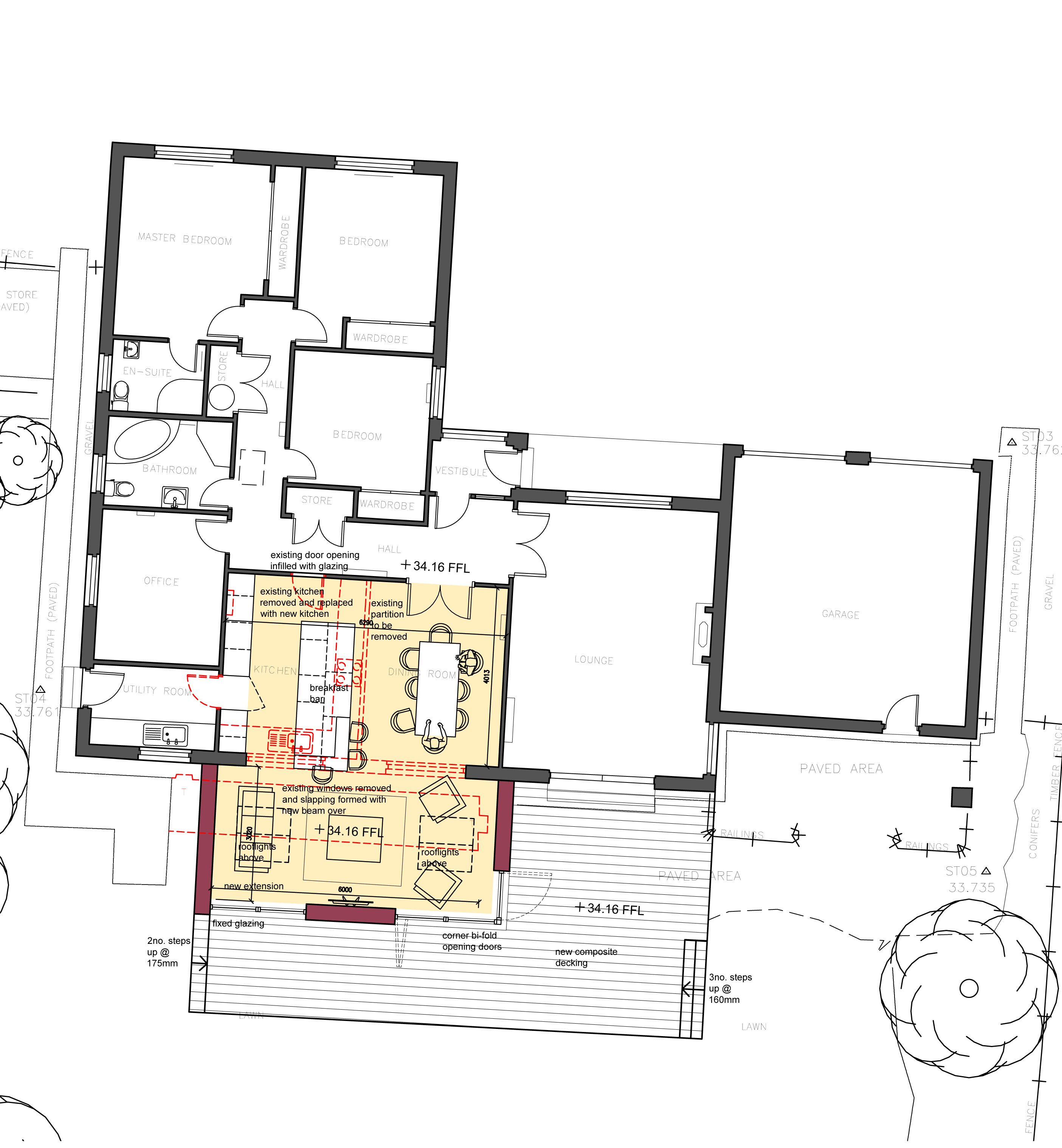Architectural floor plan for a proposed ground floor extension at Letham Grange, by Voigt Architects.