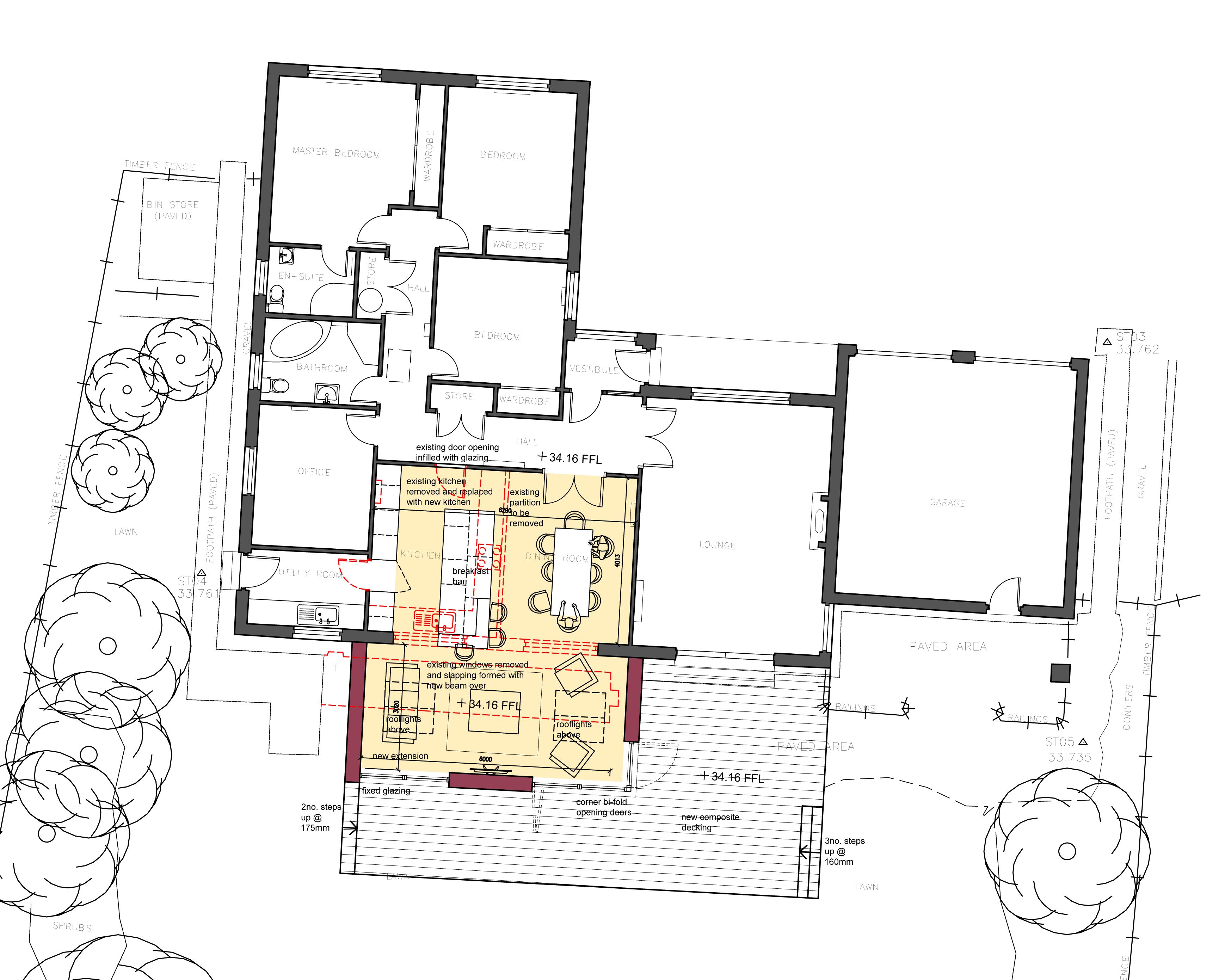 Architectural floor plan for a proposed ground floor extension at Letham Grange, by Voigt Architects.