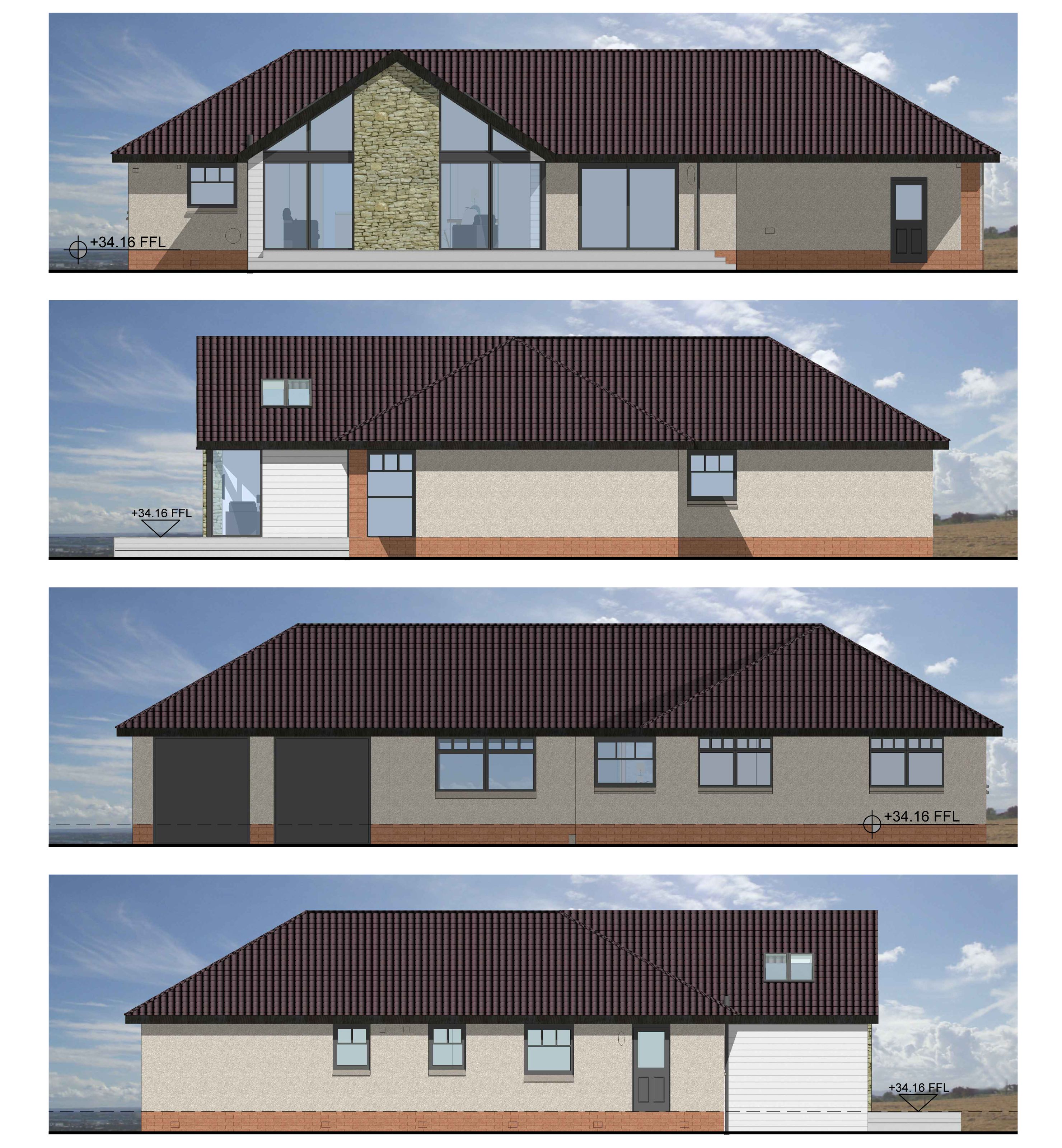Architectural drawing showing four proposed elevations of a single-story house with details for south, east, north, and west views.