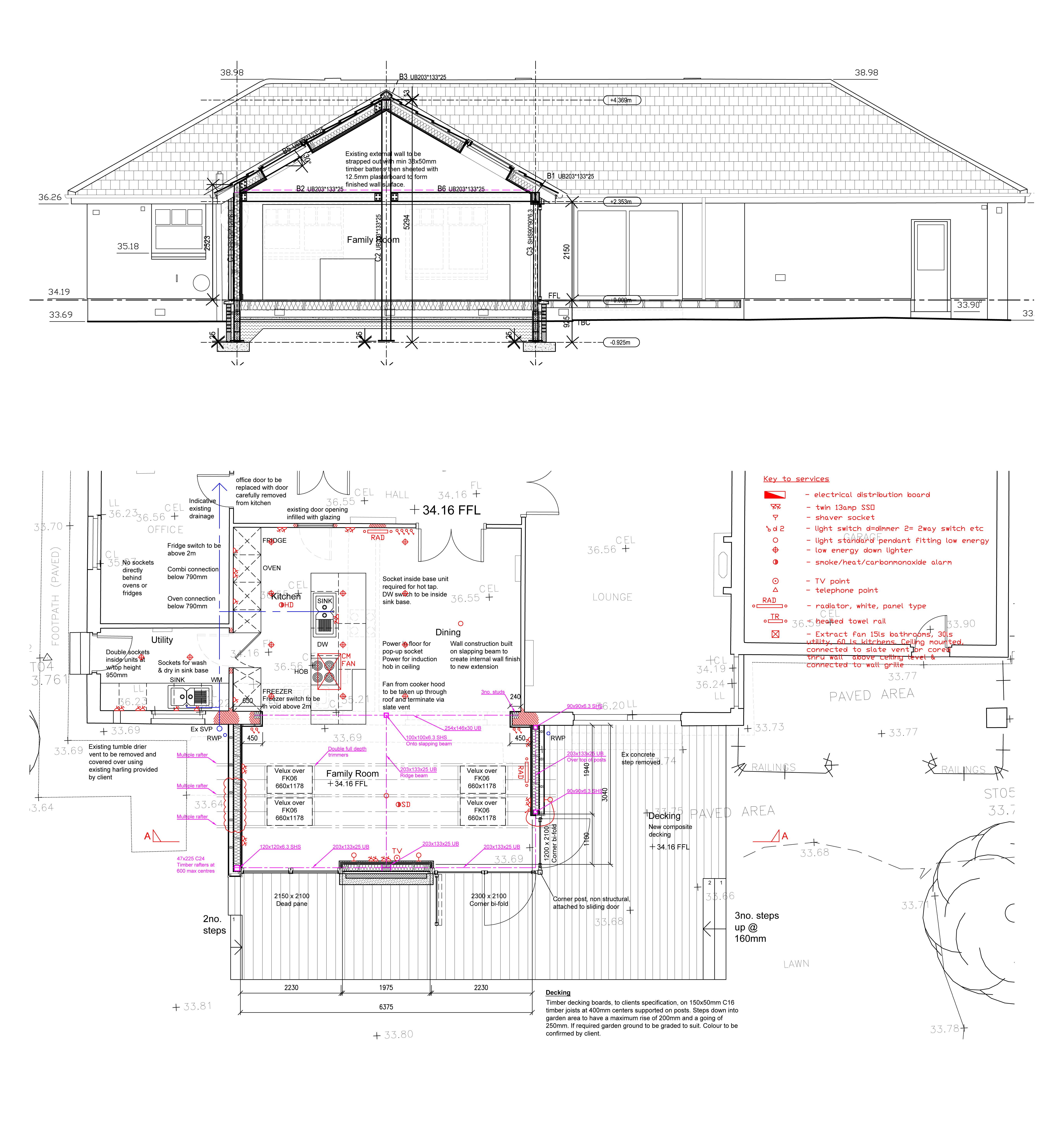 Architectural drawing with a cross-section and floor plan of a house, including labels and measurements.