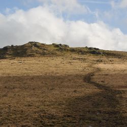 View of Rippon Tor from below, showing a grassy, gently sloping moorland hill with scattered rocks and a worn path leading up to the rocky summit.