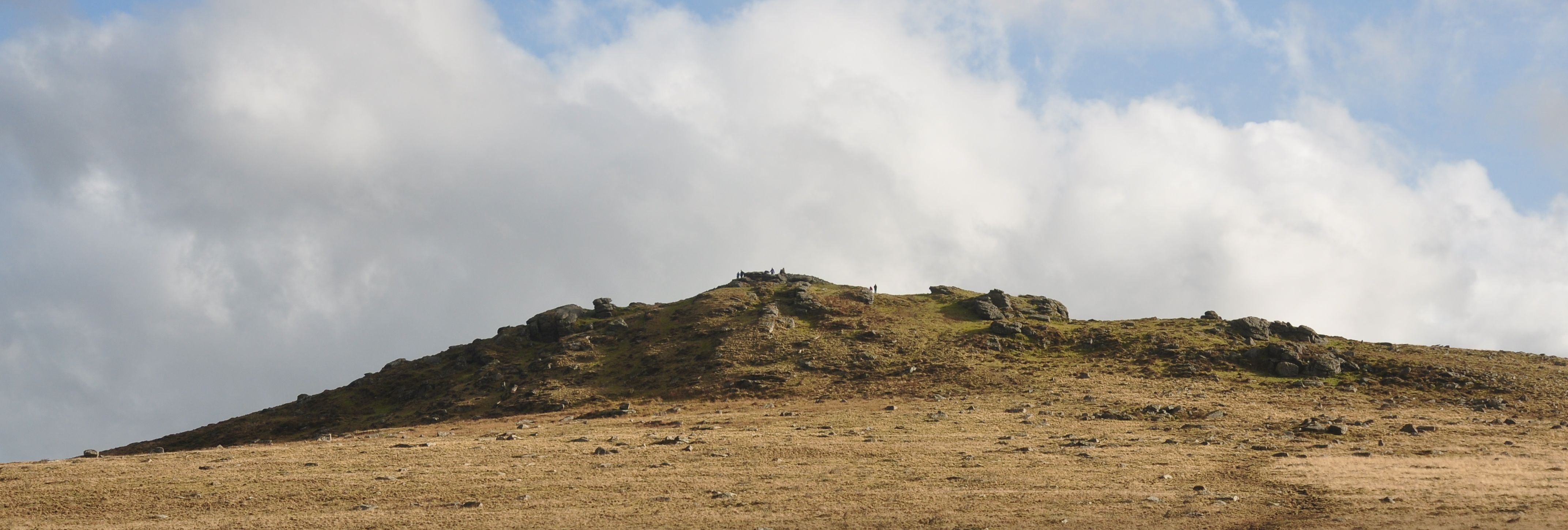View of Rippon Tor from below, showing a grassy, gently sloping moorland hill with scattered rocks and a worn path leading up to the rocky summit.