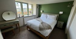 Cozy bedroom with green accent wall, white bedding, and wooden furniture.