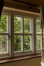 View through a window showing green bushes and pink flowers outside.