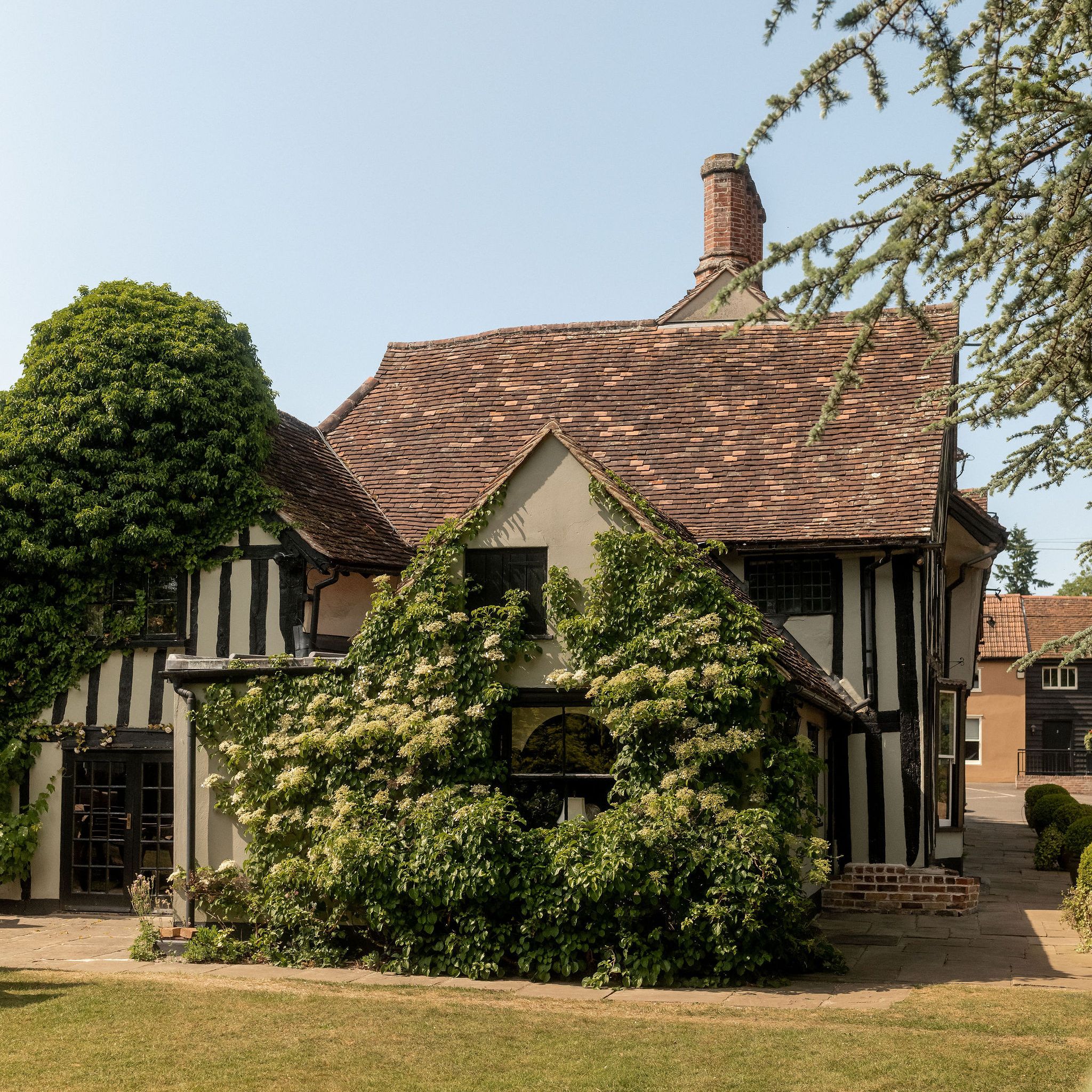 Traditional English cottage with timber framing and lush greenery climbing the walls