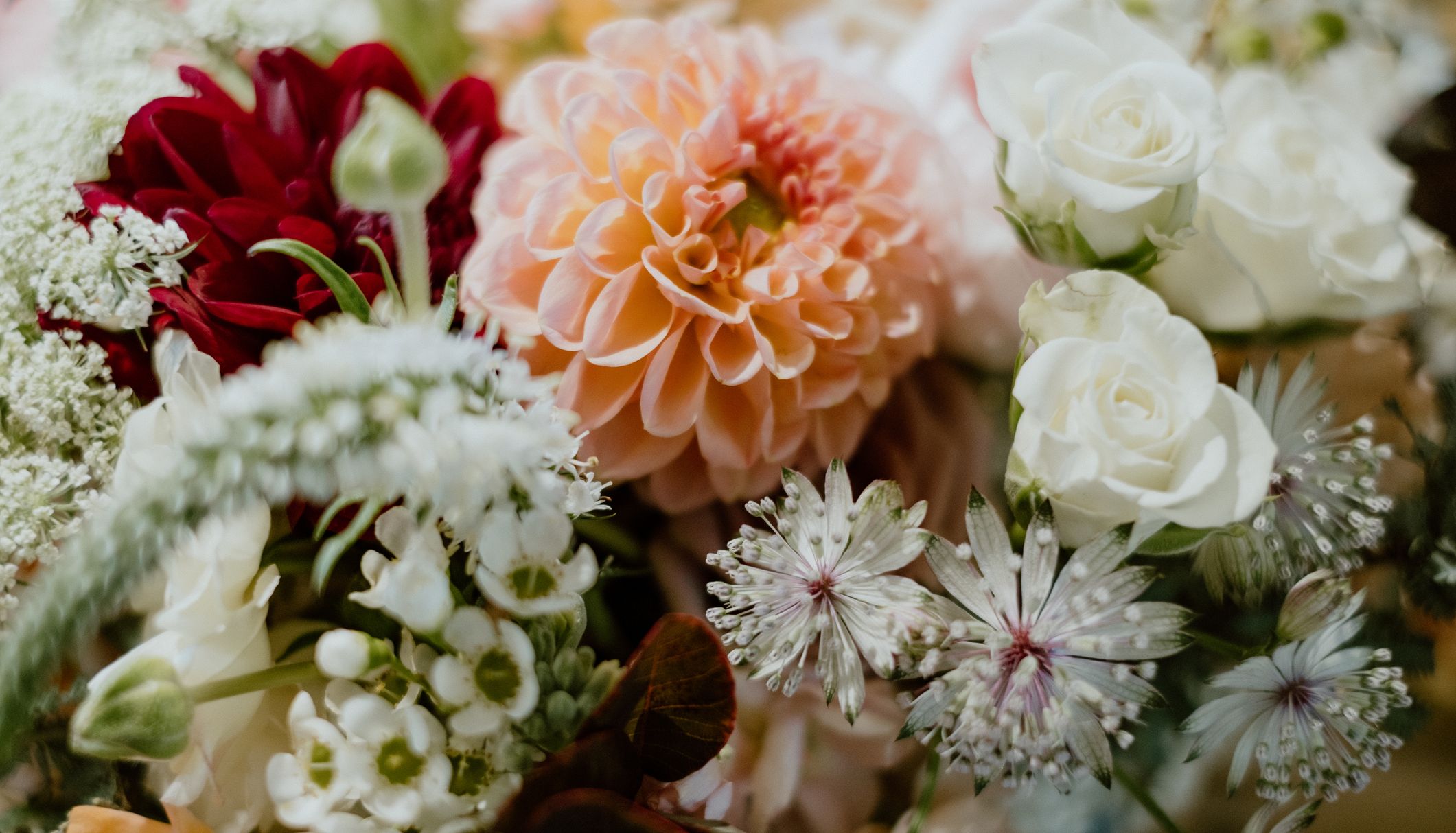 A close-up of a floral bouquet featuring a peach dahlia, white roses, deep red blooms, and delicate wildflowers, with lush greenery adding texture.