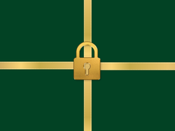 Gold padlock centered over gold ribbon on a dark green background