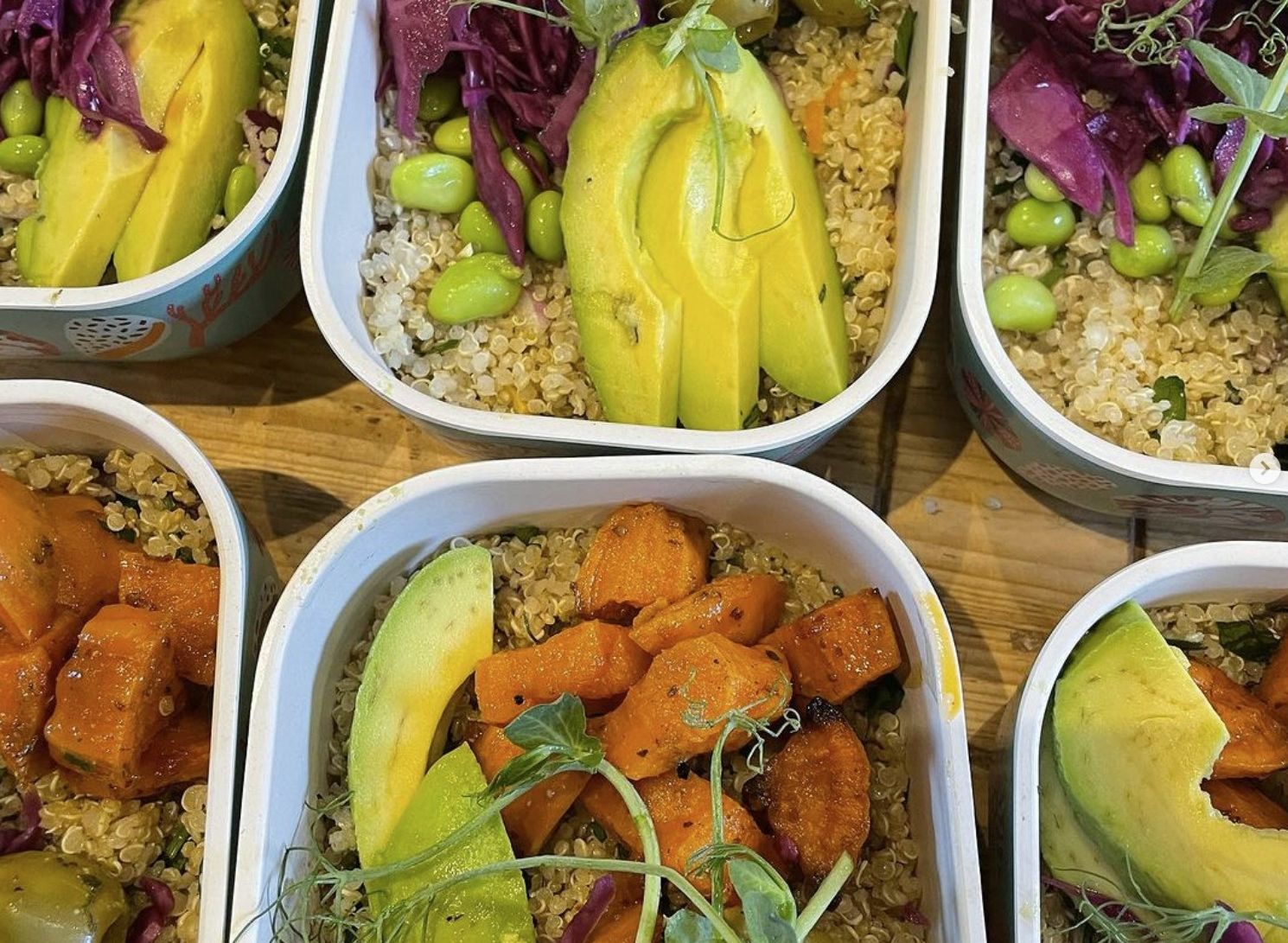 Containers filled with colorful quinoa bowls topped with avocado, roasted sweet potatoes, olives, edamame, red cabbage, and greens.