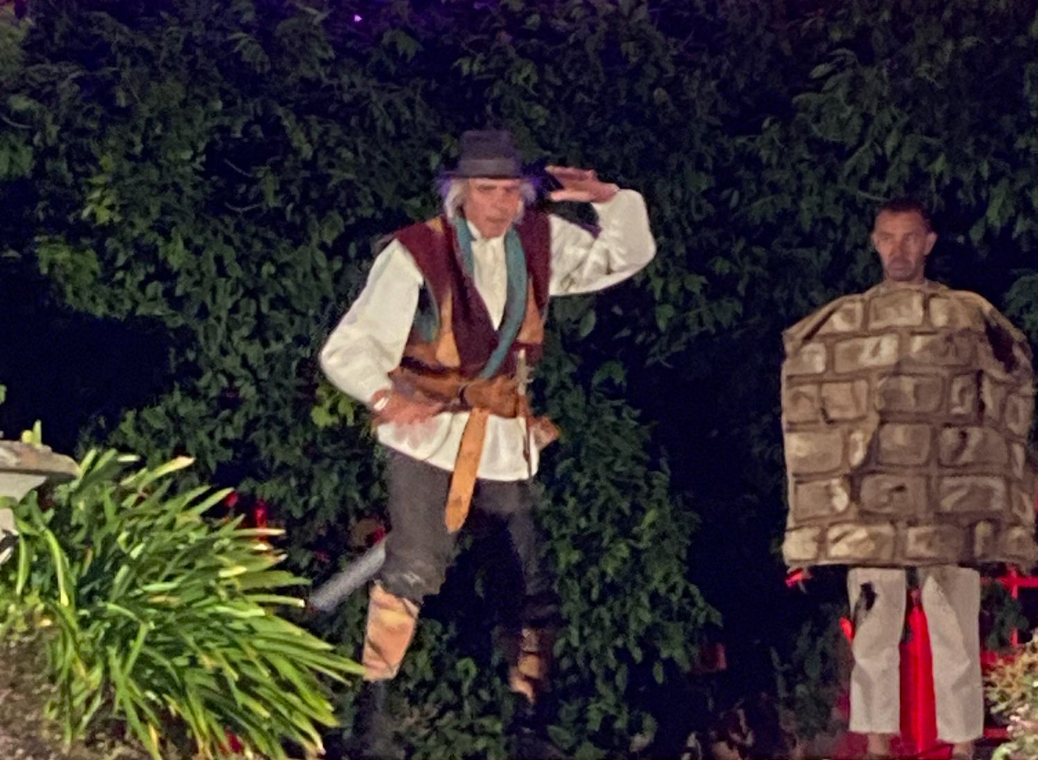 Two people in costume on outdoor steps at night, one dressed as a character with a hat and boots, the other dressed as a brick wall.