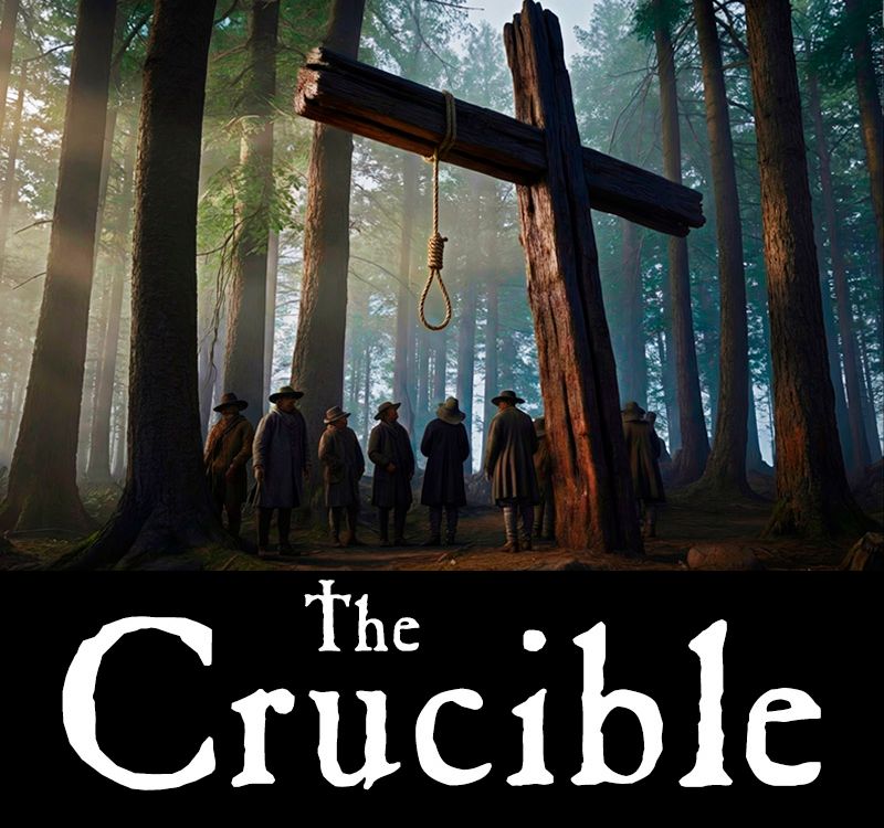 A group of people in Puritan clothing stand in a forest near a large wooden gallows with a noose, above the title 'The Crucible.'