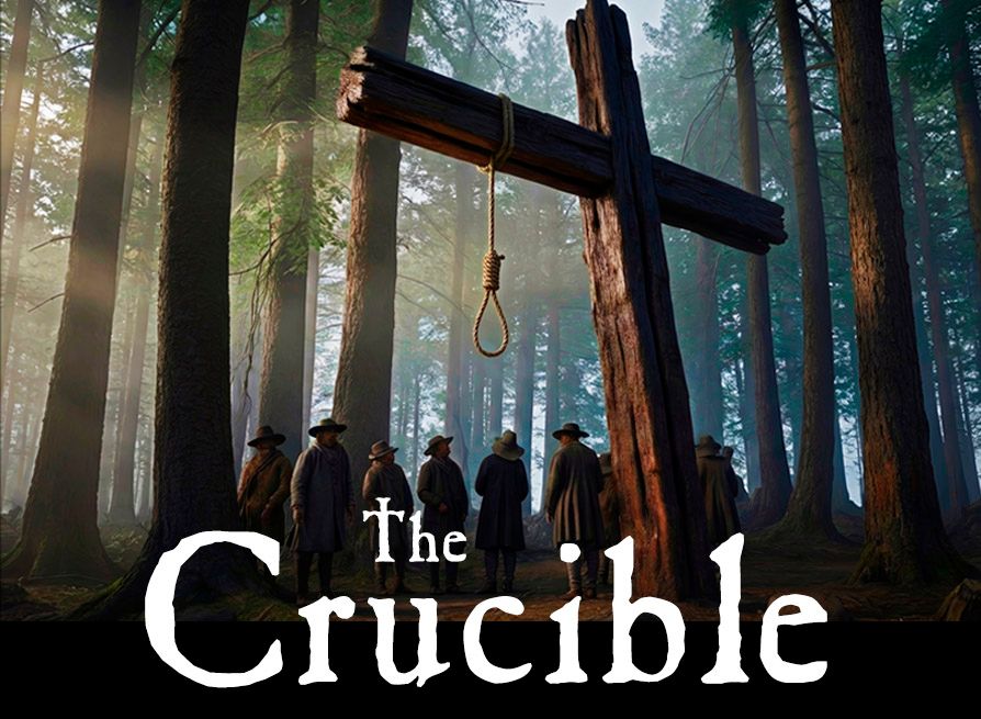 A group of people in Puritan clothing stand in a forest, looking at a large wooden cross with a noose hanging from it. Text reads 'The Crucible.'