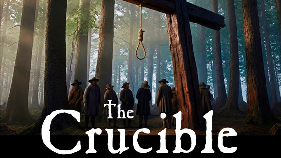 A group of people in Puritan clothing stand in a forest, looking at a large wooden cross with a noose hanging from it. Text reads 'The Crucible.'