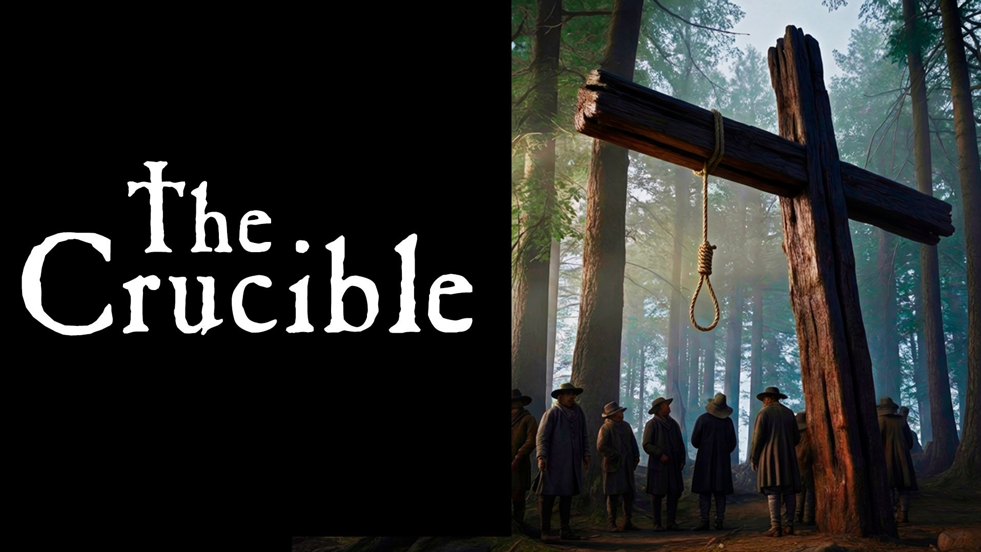 The Crucible title next to a noose hanging from a wooden structure in a forest with people in historical attire standing nearby.