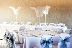 wedding dining room set up with White table and chairs with silver bows with long white feather centre pieces