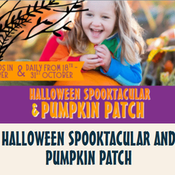 Smiling child at a Halloween event with text advertising 'Halloween Spooktacular & Pumpkin Patch.'