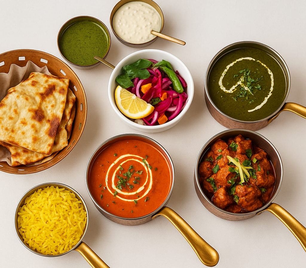 Variety of Indian dishes including naan bread, curry, palak paneer, rice, sauces, and salad