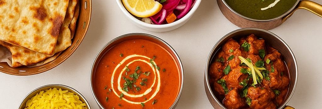 Variety of Indian dishes including naan bread, curry, palak paneer, rice, sauces, and salad