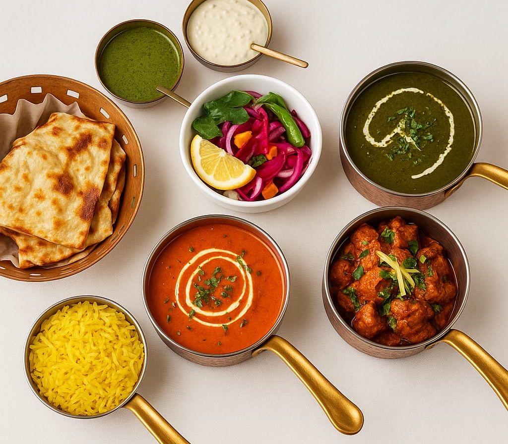 Variety of Indian dishes including naan bread, curry, palak paneer, rice, sauces, and salad