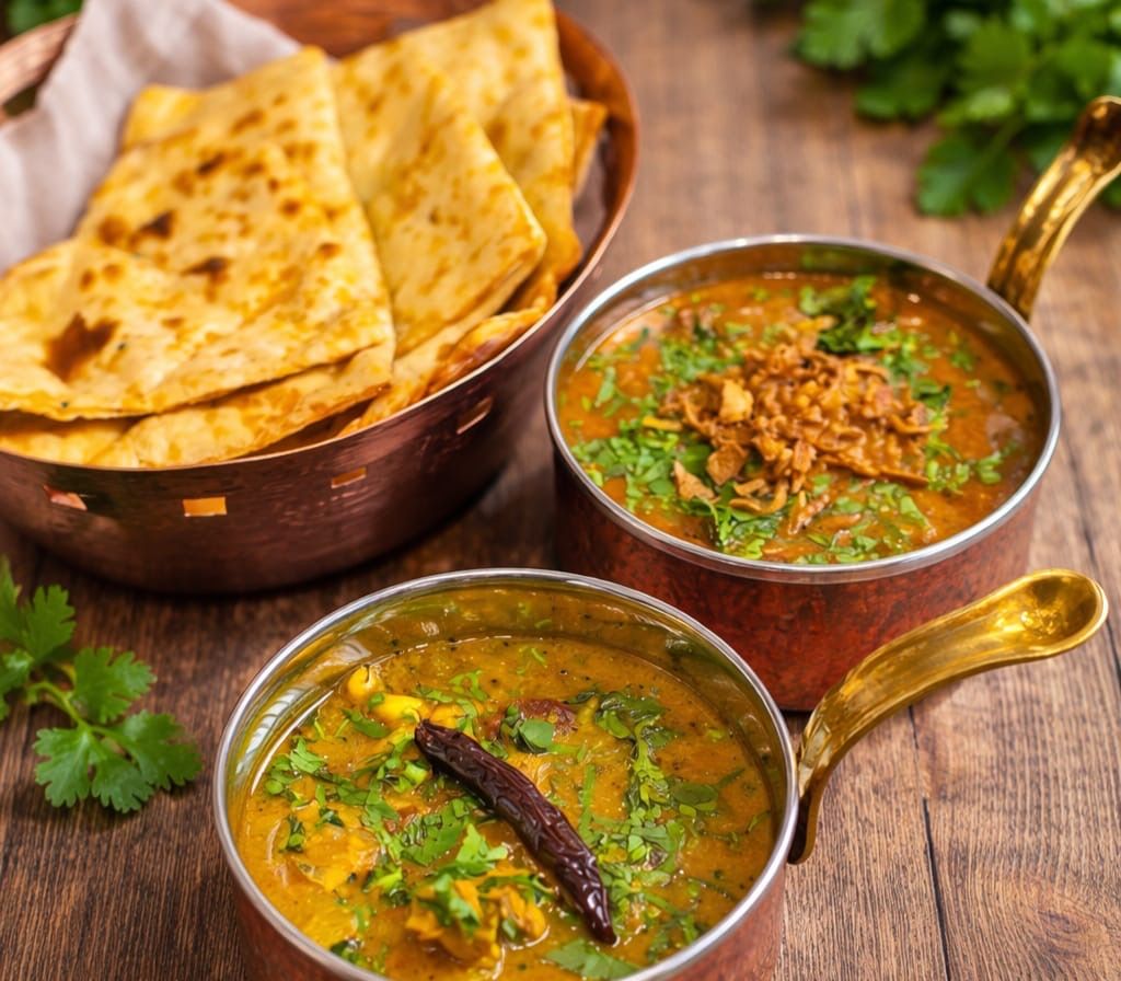 Indian dal curry served in copper bowls with naan bread